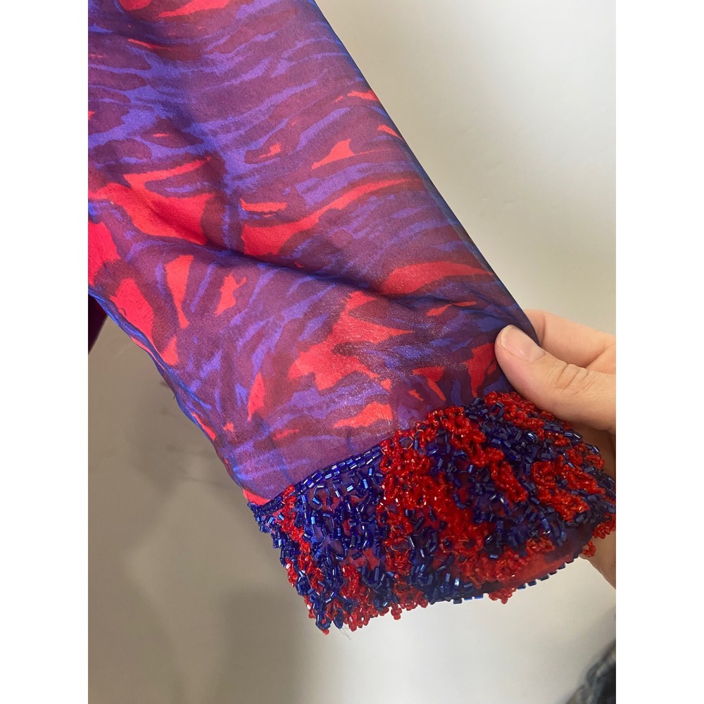Vintage 60's Silk Chiffon Beaded Dress Blue Red Abstract Print Cocktail S - Picture 6 of 9